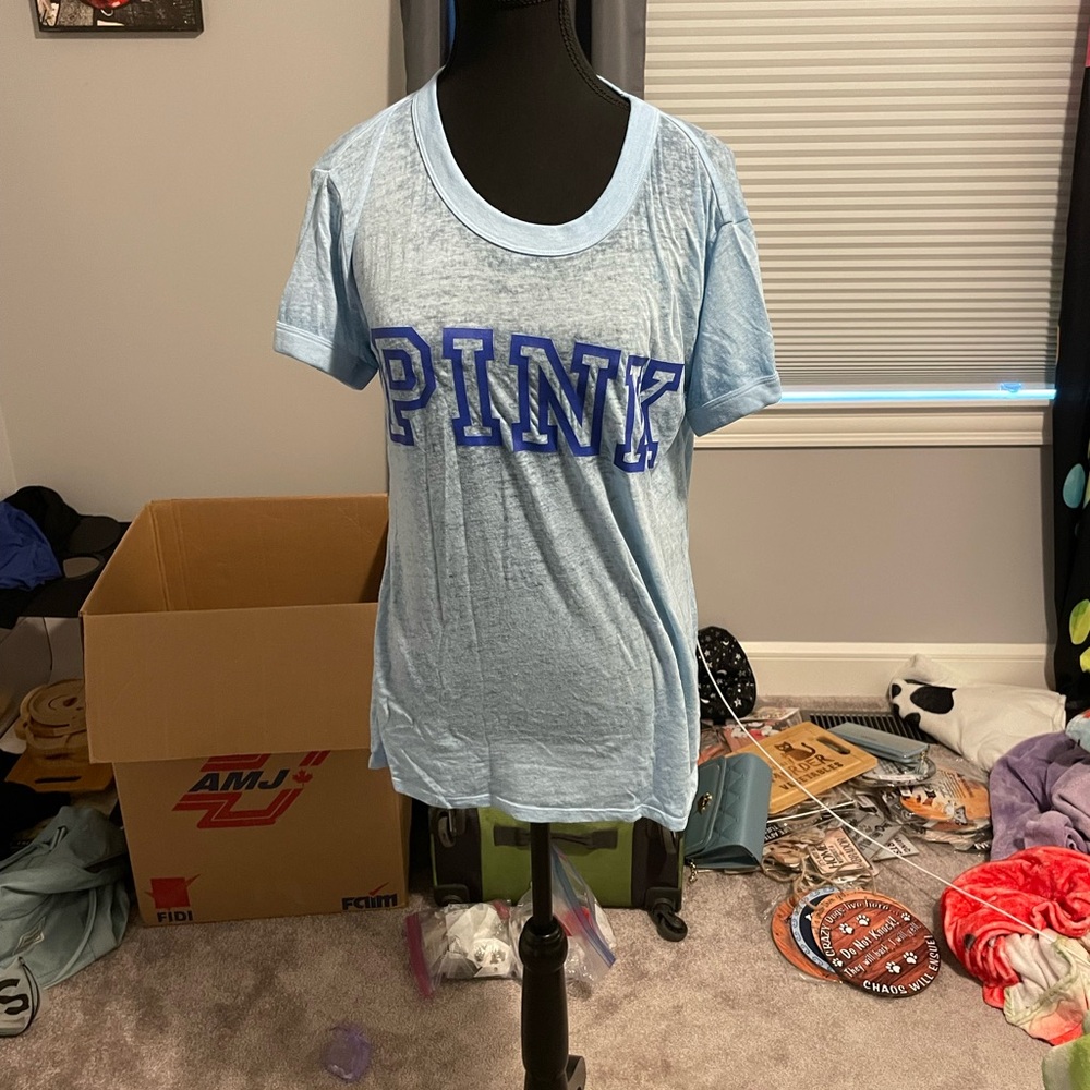 PINK Victoria's Secret Blue Short Sleeve Tee with Iconic Logo
